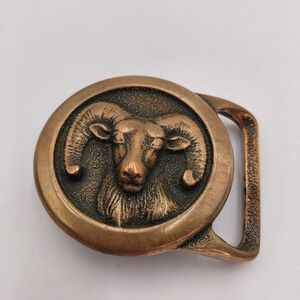 Vtg 70s Tech Ether Guild 1978 Solid Brass Big Horn Ram Belt Buckle USA Michigan